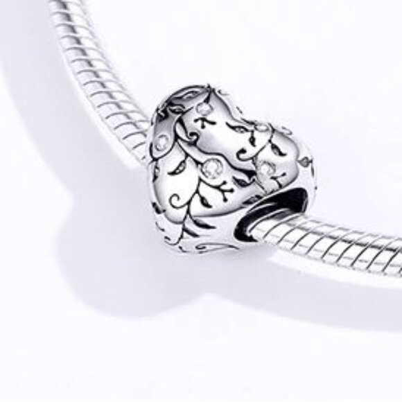 Sterling Silver Heart & Vine Cubic Zirconia Charm - Picture 2 of 2